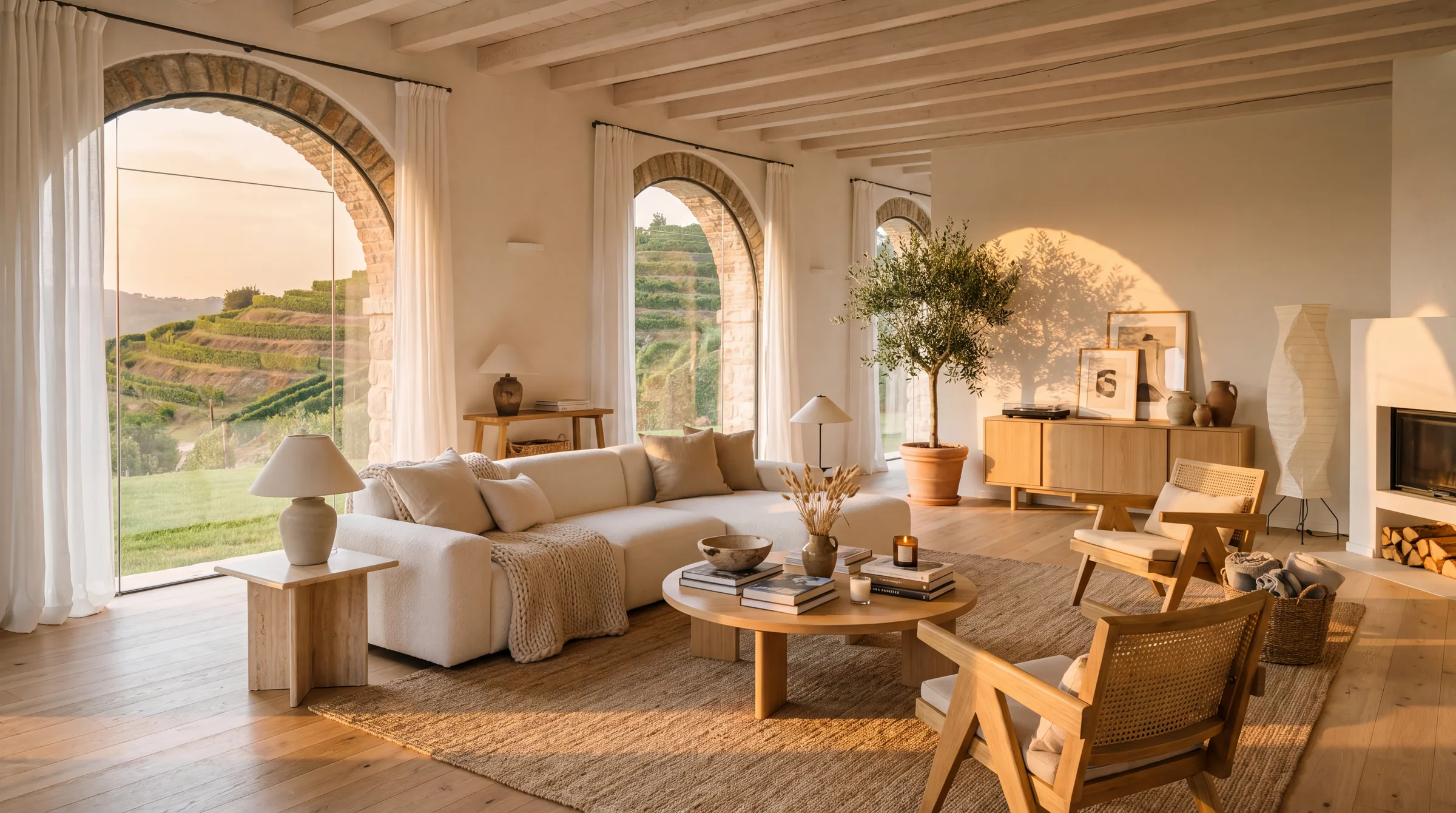 Omnya Lab, living room with stone arches opening onto terraced vineyards