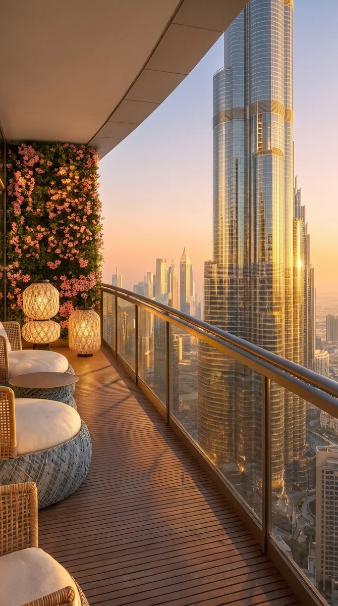 Penthouse Dubai, balcony with lanterns and a flowering wall overlooking the Burj Khalifa at sunset