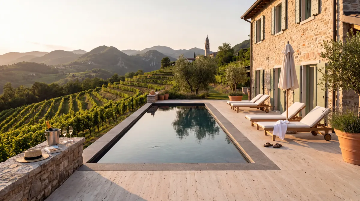 Ca' dei Colli, pool terrace with loungers above the Prosecco hills