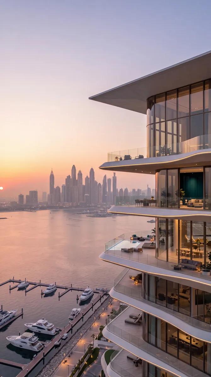 Samar Residences, curved terraces of the tower above the marina at sunset, Dubai Marina skyline behind